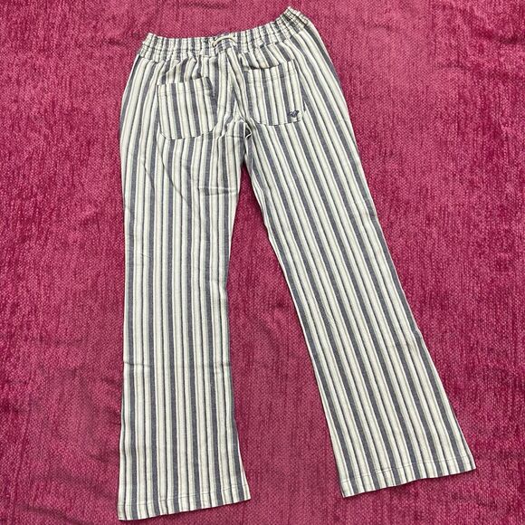 Roxy Oceanside Beach Flare Pants Cotton Linen Blue Green White Stripe Size Large - Picture 5 of 11